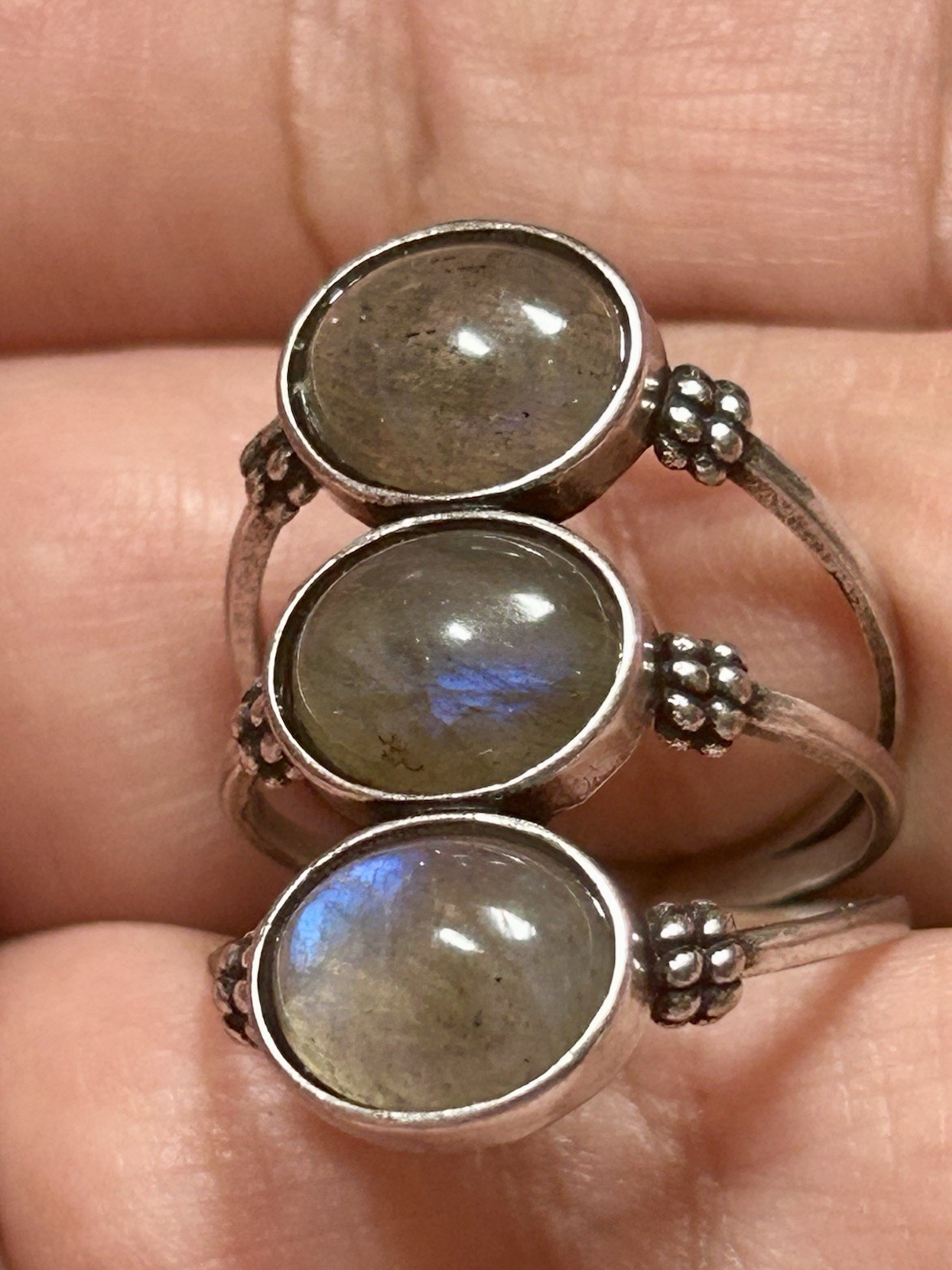 Triple Labradorite Crystal Ring Size 9 Silver S925 Jewelry Woman’s New