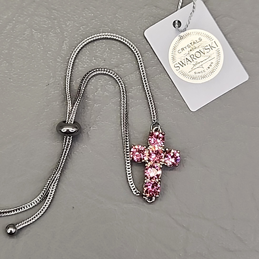Cross Bracelet STS Karis Made with Swarovski Rose Crystals Pink Steel Mix