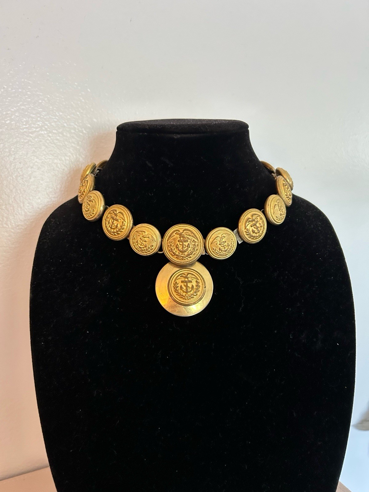 Vintage Nautical Brass Military Button Necklace