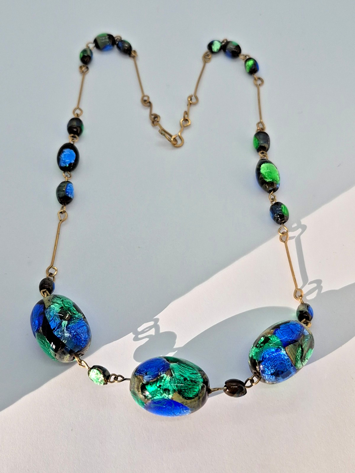 Vintage Art Deco Venetian Green, Blue & Black Foil Glass Bead Necklace 18″
