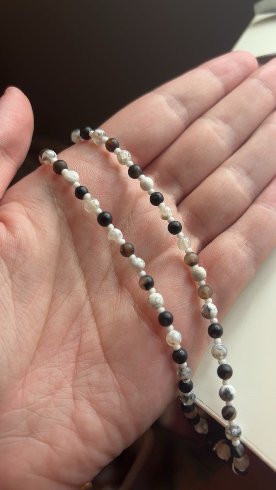 Black White Handmade Beaded Necklace with gold seashell charm