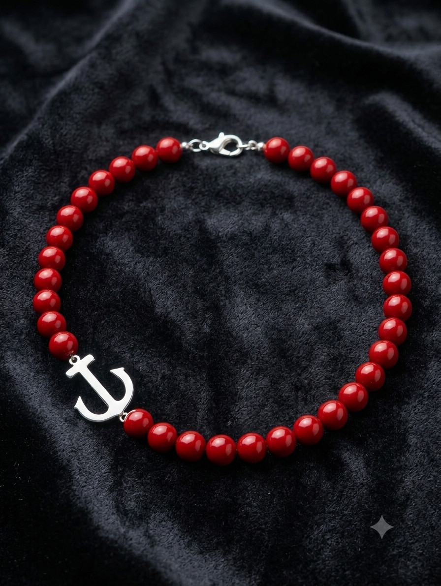 Handmade Red Round Bead Necklace – Silver Anchor Connector Charm
