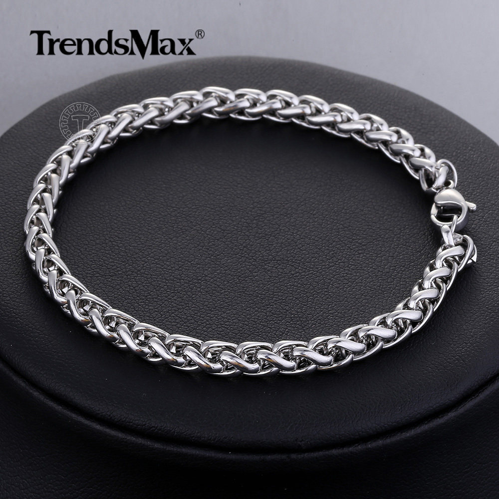 4mm 9 inch Mens Chain Stainless Steel Braided Wheat Link Bracelet Silver Tone
