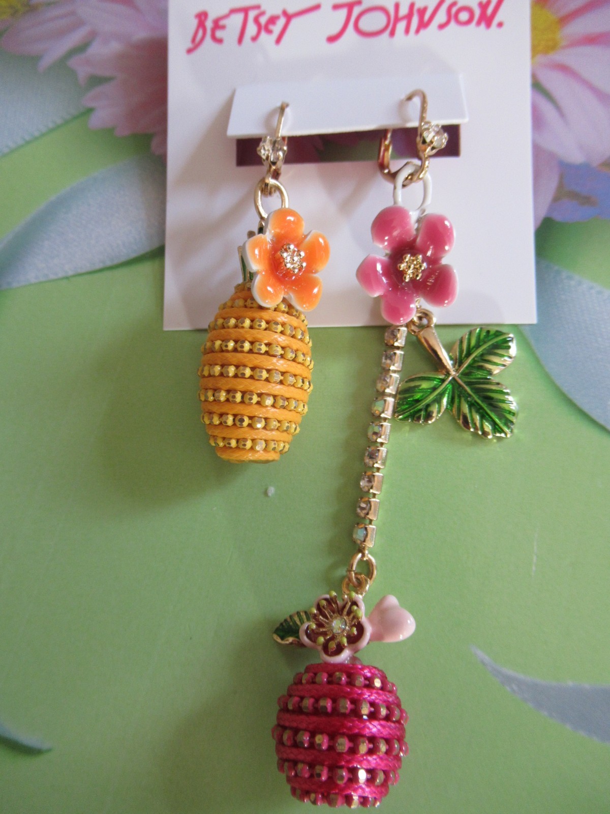 BETSEY JOHNSON Authentic Lovely Fruits And Flowers Mismatched Earrings NWT