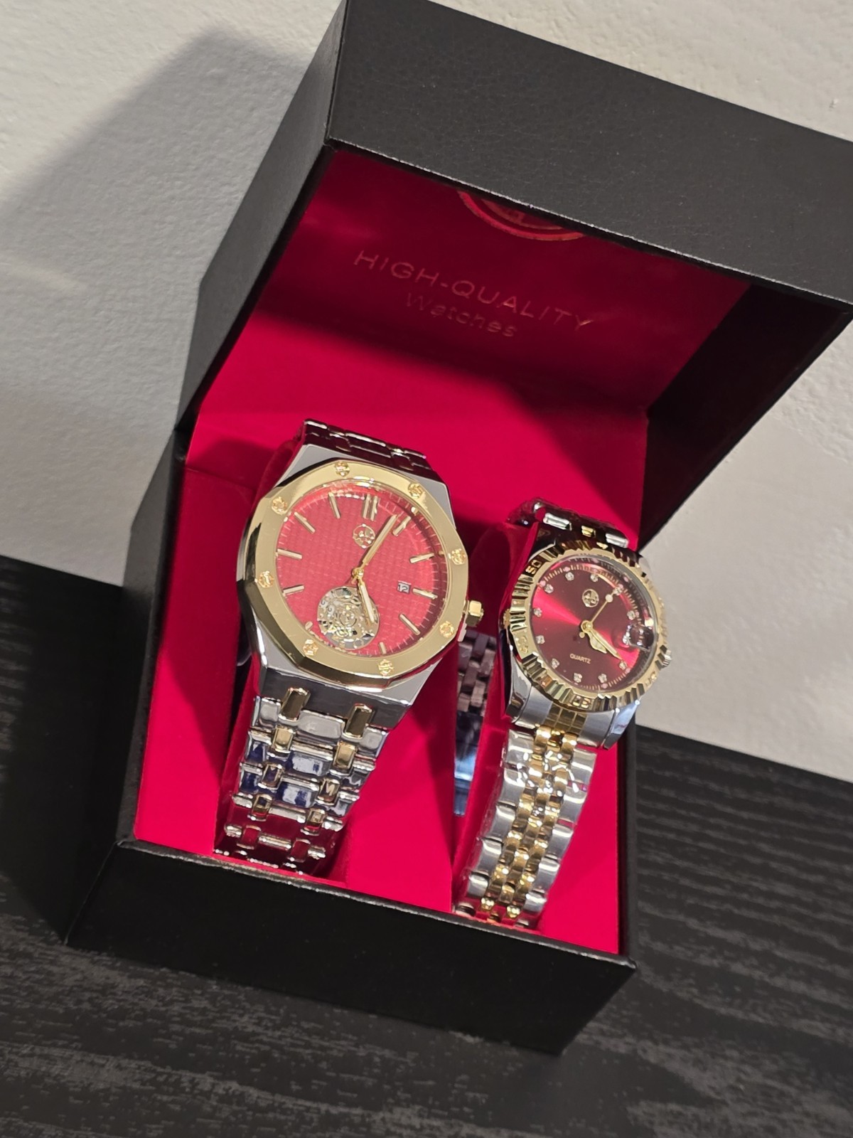 ​His and Hers Luxury Watch Matching Set Two-Tone Gold Silver Red Dial Gift Boxed