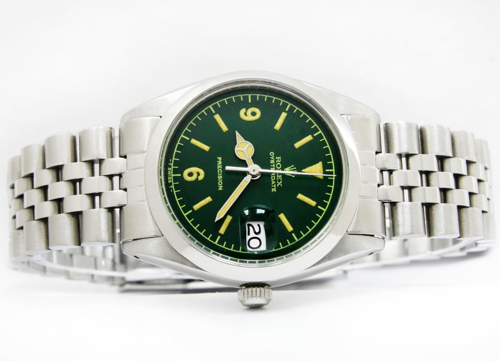 Vintage Rolex Oysterdate Precision Green Dial 34mm Men Steel Watch Ref 6694