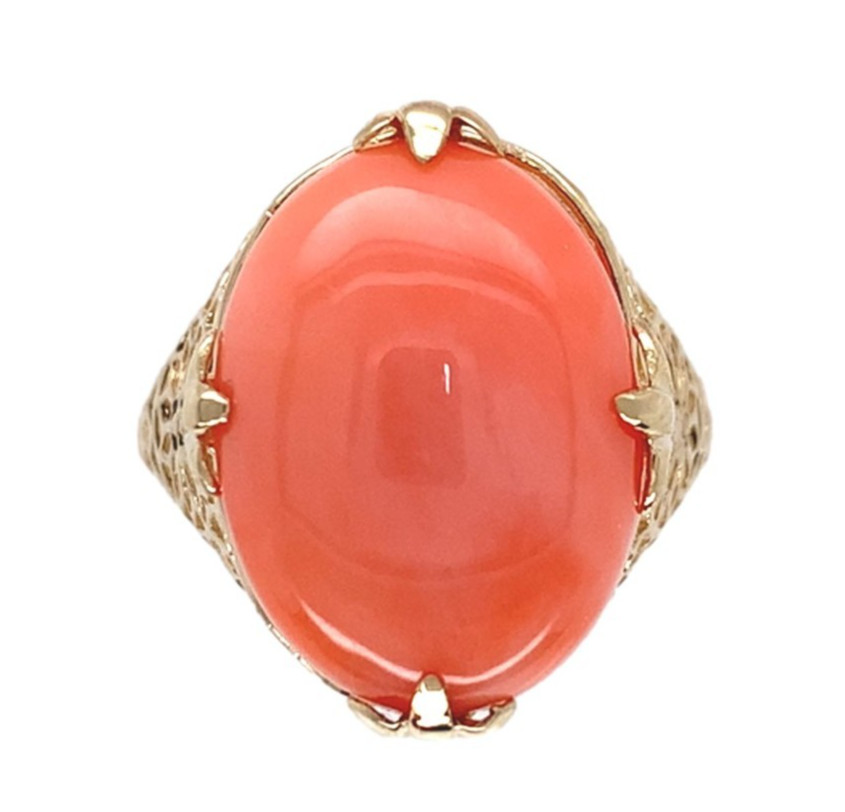 10k Yellow Gold 7.36 Carat Genuine Natural Coral Filigree Ring Size 6 (#J7369)