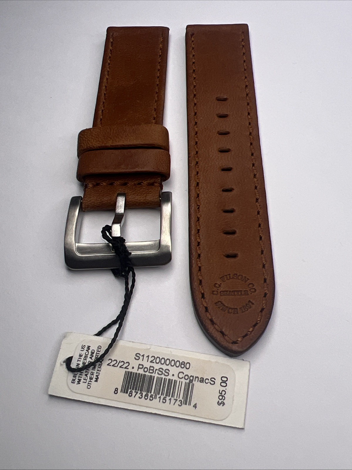 Filson Cognac Brown 22mm x 22mm Leather Watch Strap w/ Steel Tang Clasp