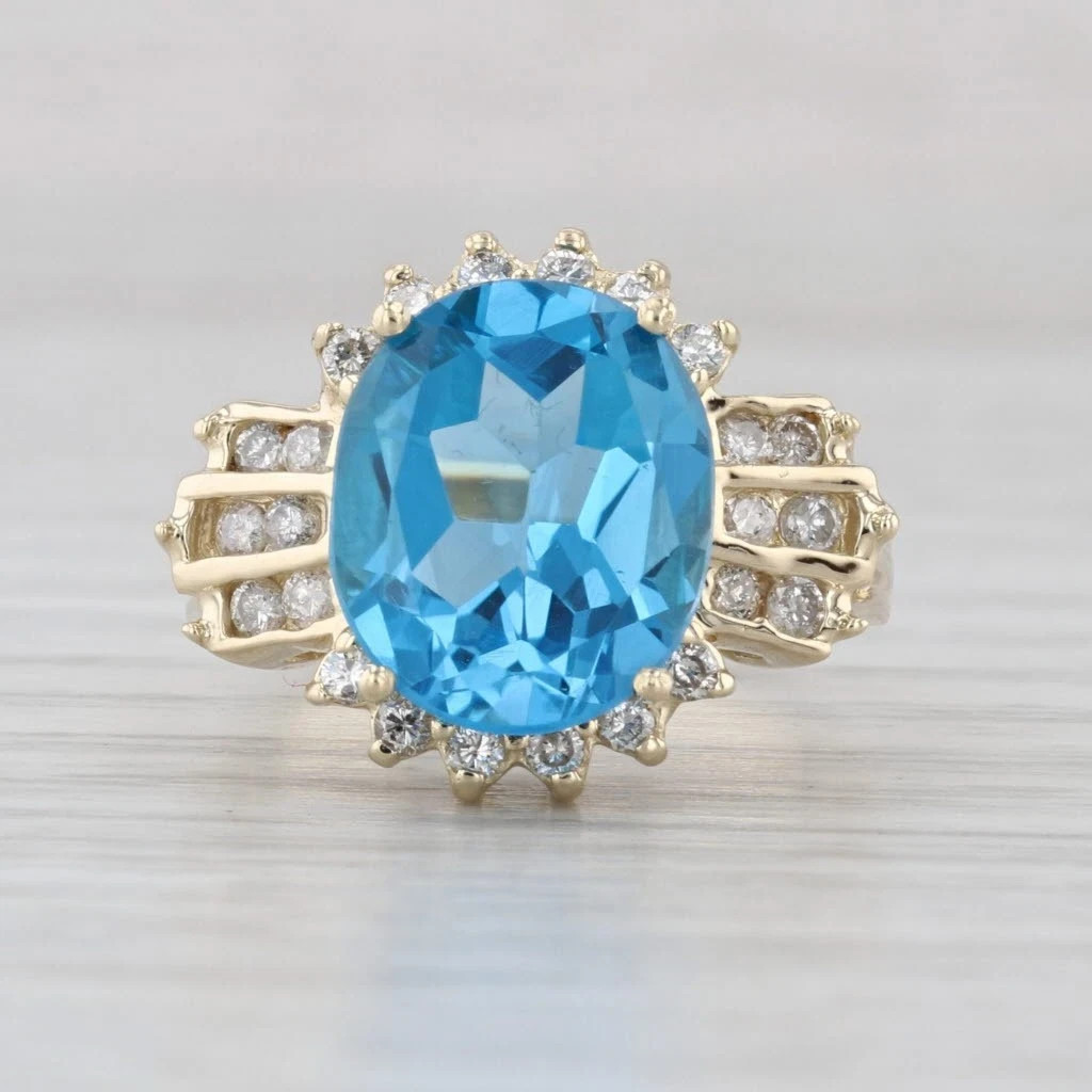 5.58ctw Oval Blue Topaz Diamond Halo Ring 14k Yellow Gold Size 7