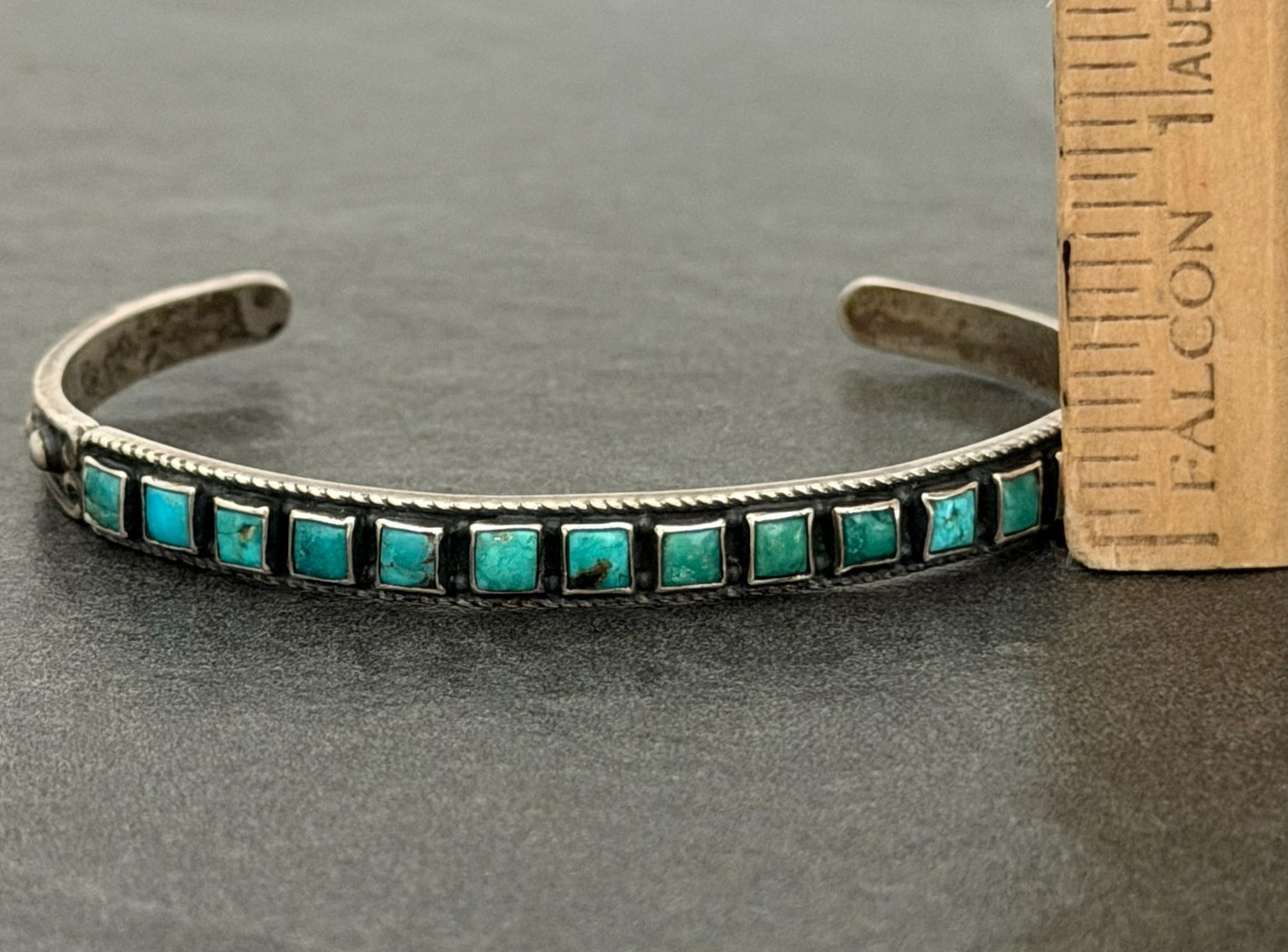 Vintage FRED HARVEY Era ZUNI Square Green Turquoise Silver bracelet 7in