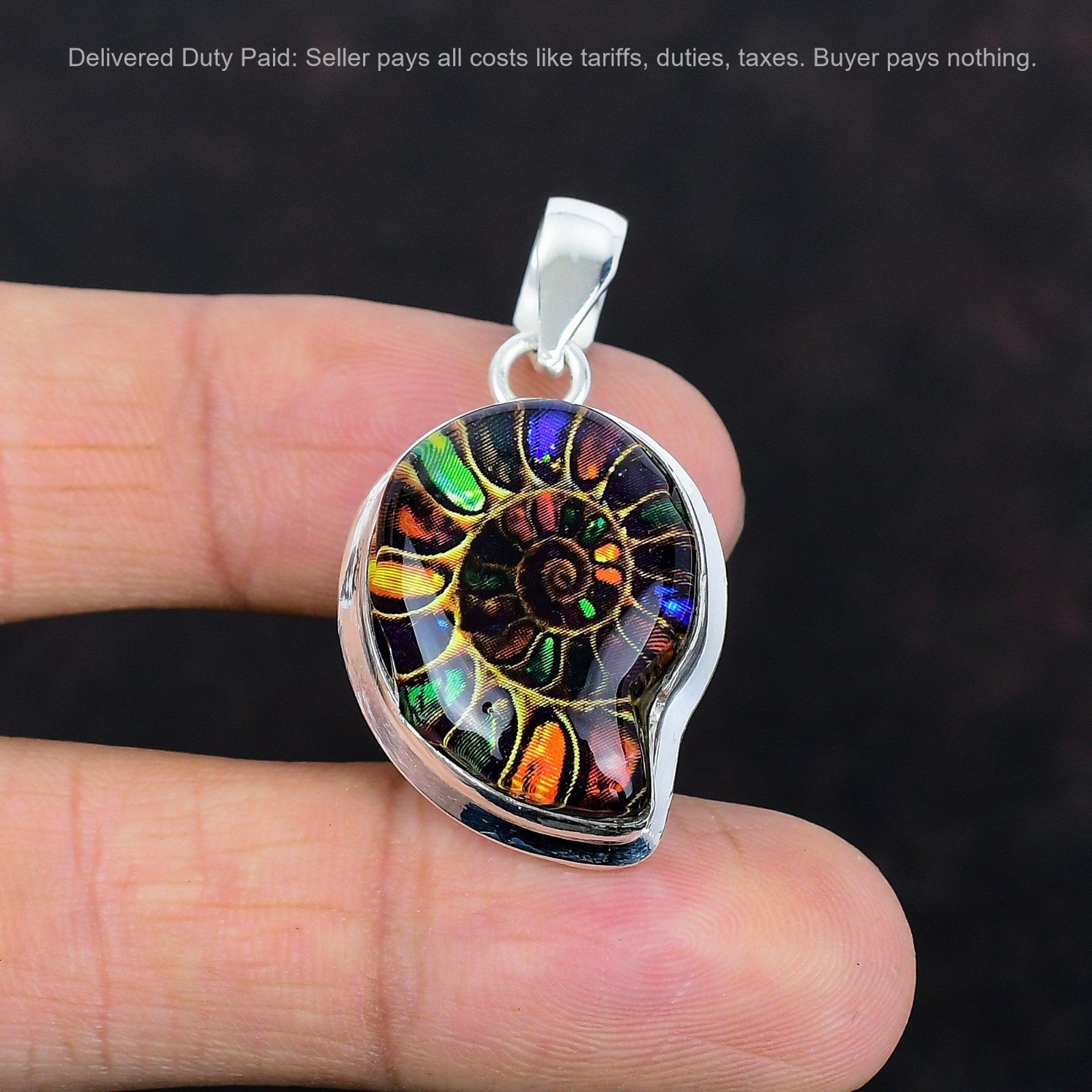 Multi Shade Ammonite Fossil Gemstone Pendant 925 Sterling Silver Handmade Jewelr