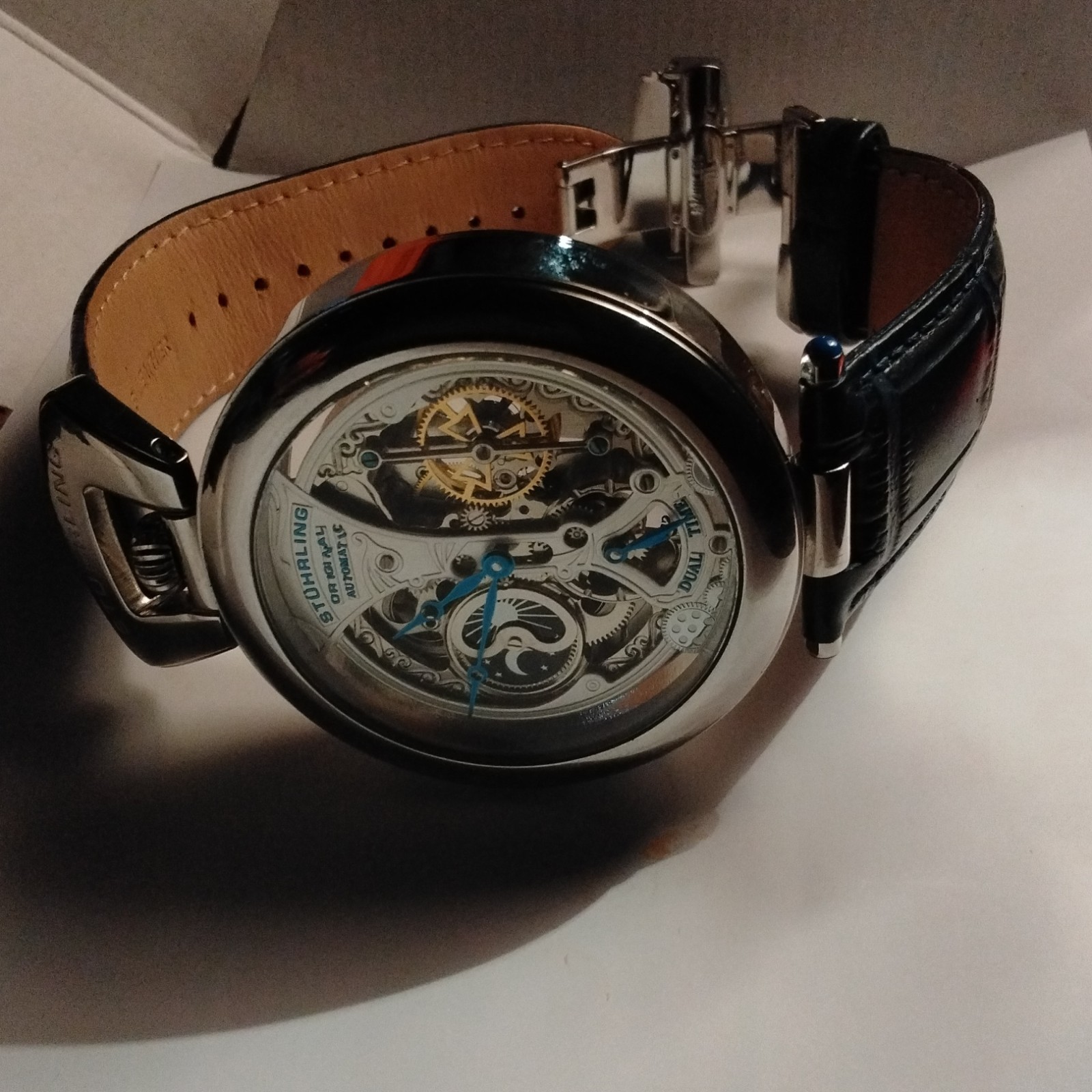 Stuhrling Original Men’s Skeleton Automatic Watch, 42mm Silver Case, Leather
