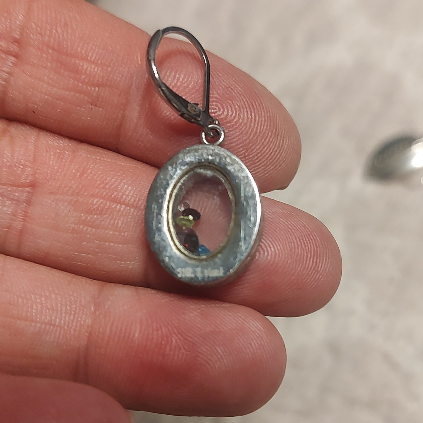 Silver Tone Steel ShadowBox Oval Bezel Dangle Earrings w/ Multicolor Gem Stones