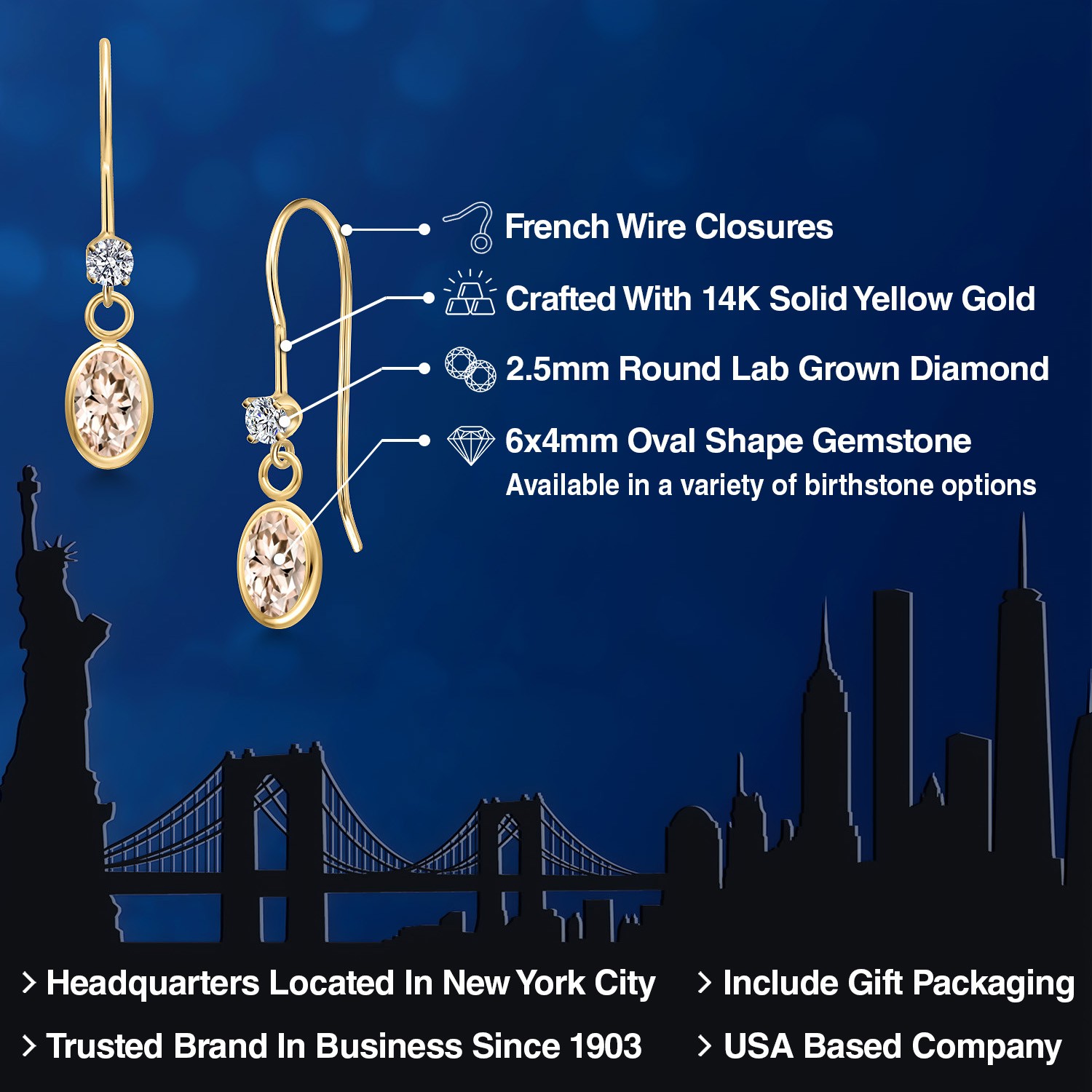 14K Yellow Gold Peach Morganite and Lab Grown Diamond Dangle Earrings for Women