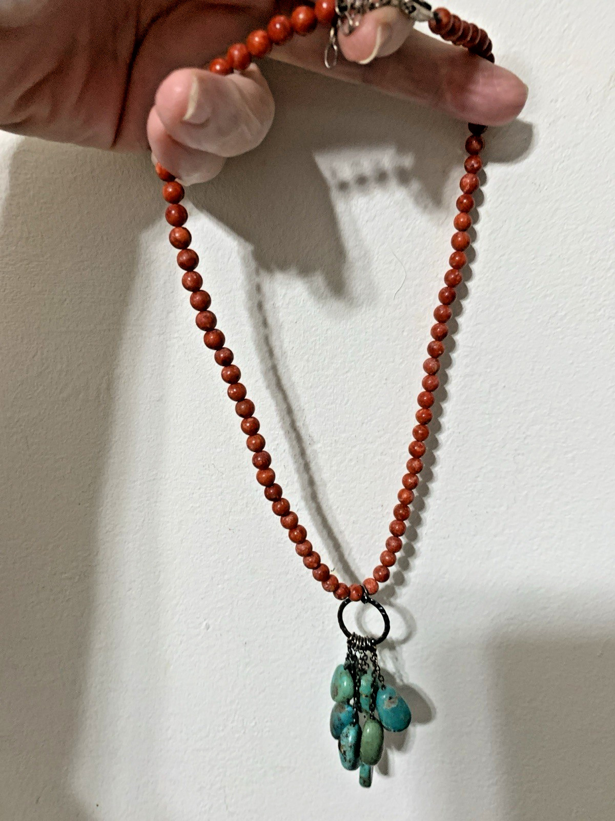 Southwestern Style Red Coral & Turquoise SS Beaded Necklace,Dangling Pendant,22”