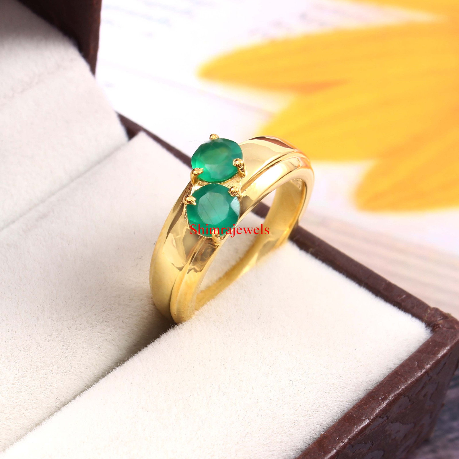 Natural Green Onyx Gemstone With 18k Gold Plated Silver Women’s Ring #20
