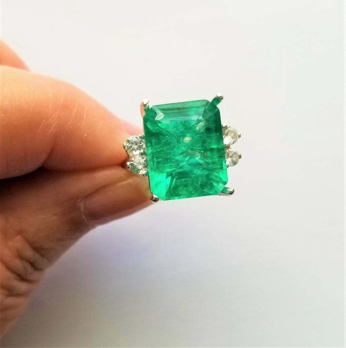 4.50Ct Lab-Created Green Emerald Solitaire Engagement Ring 14K White Gold Finish