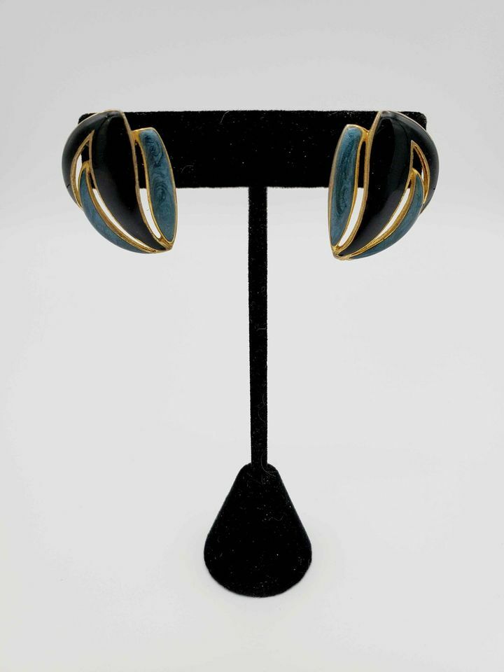 Vintage 1980s Black and Green Enamel Earrings with Push Back Posts