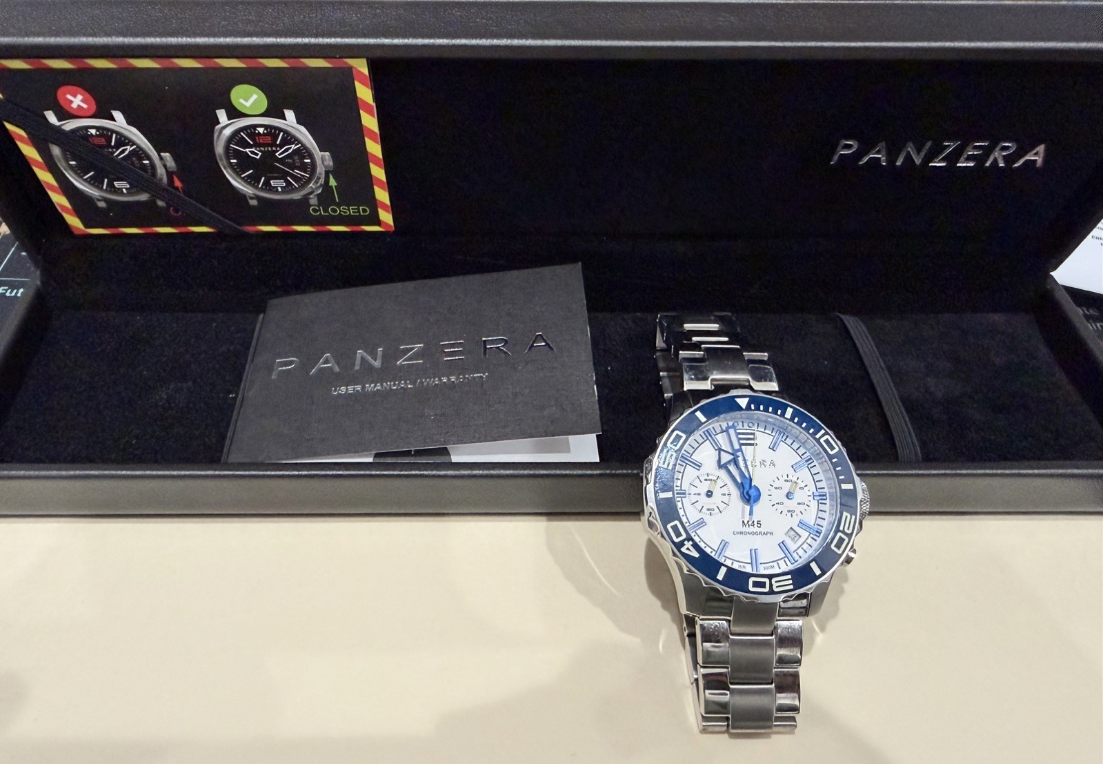 Panzera M45 Chronograph 300M Dive Watch Full Kit Box Papers Extra Links