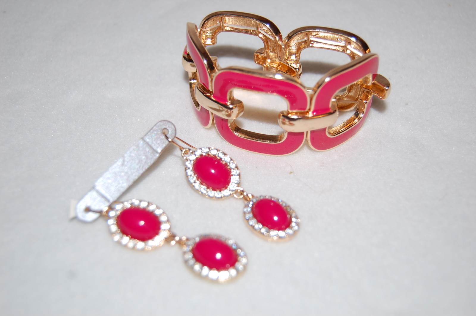 Costume Jewelry Set EARRINGS Long DARK PINK STONES Enameled Bracelet RHINESTONES