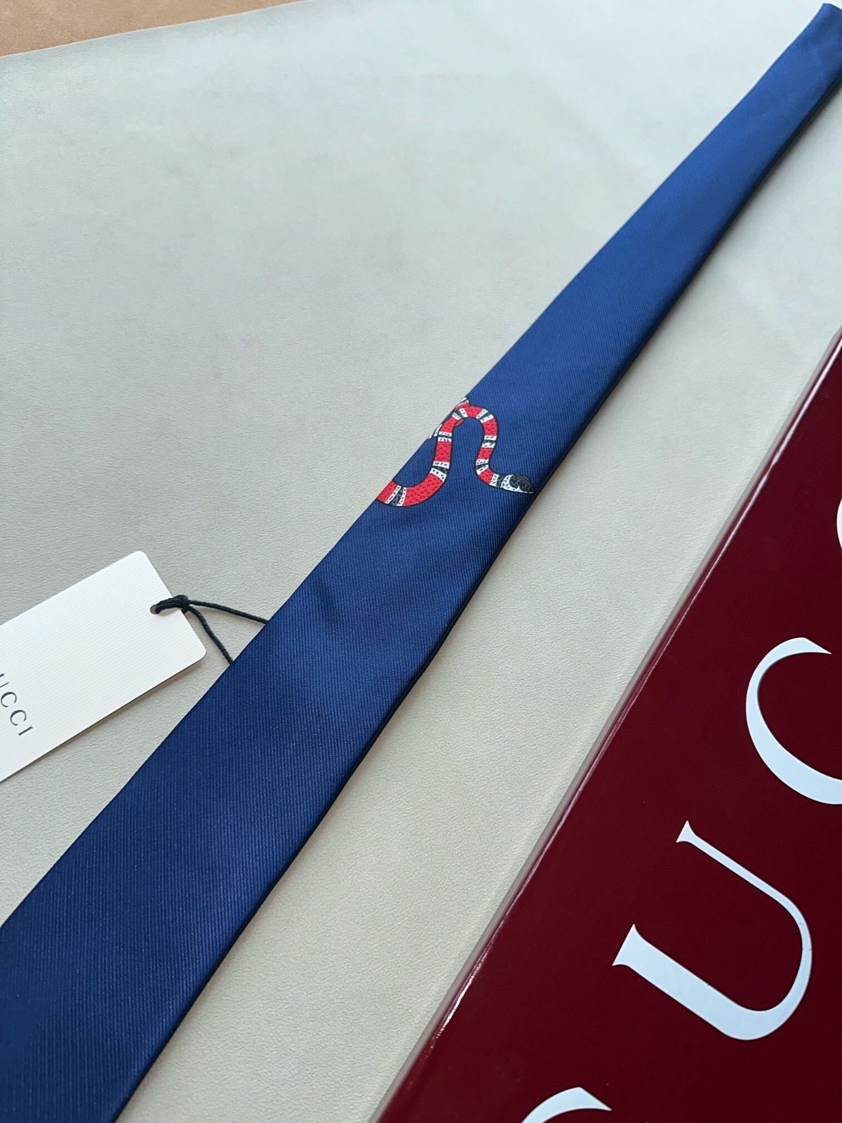 Gucci Mens Tie 2.75” (7cm) Cobra KING Embroidery Blue NWT