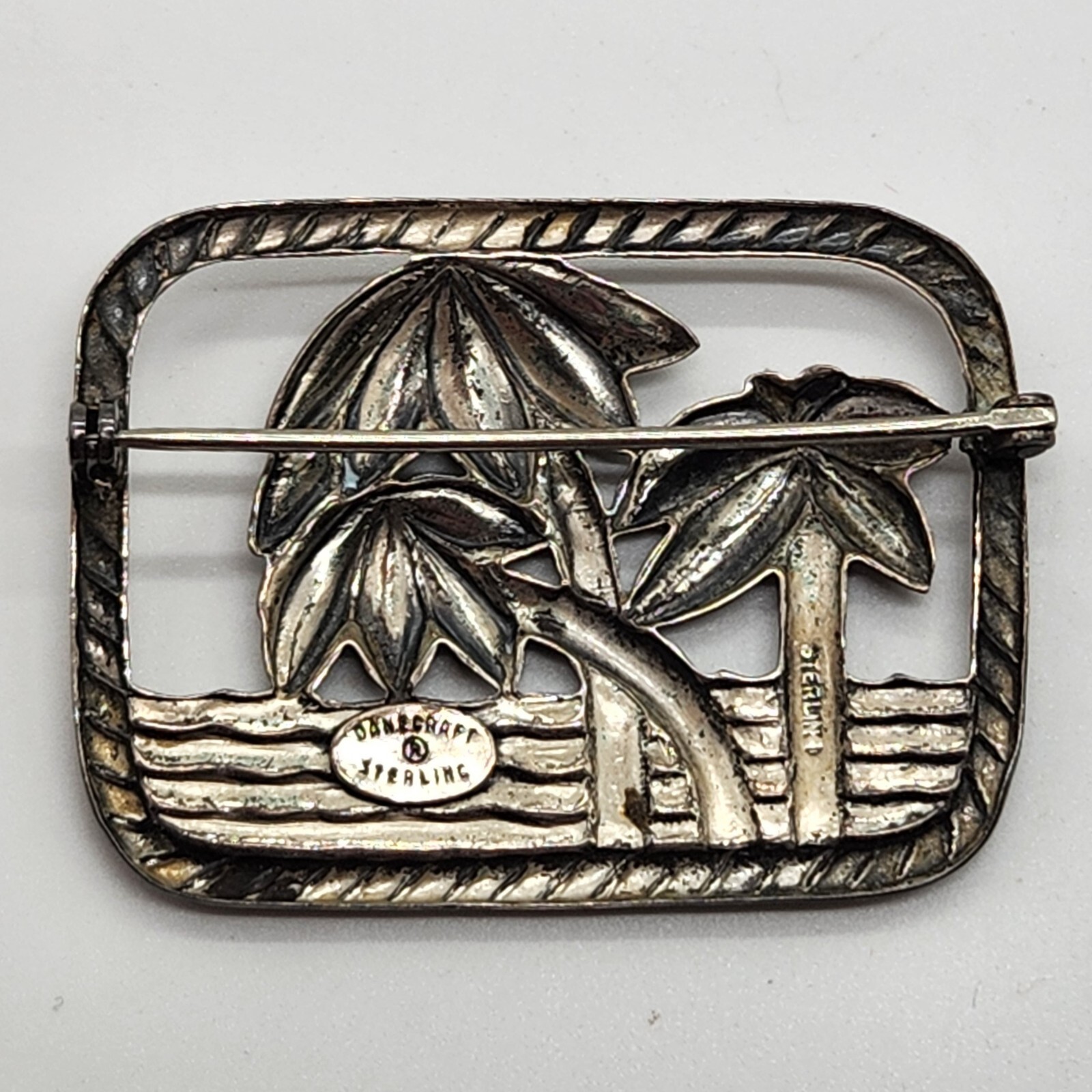 Danecraft 1940s Sterling Brooch – Three Palm Trees Seascape, Signed, 2″