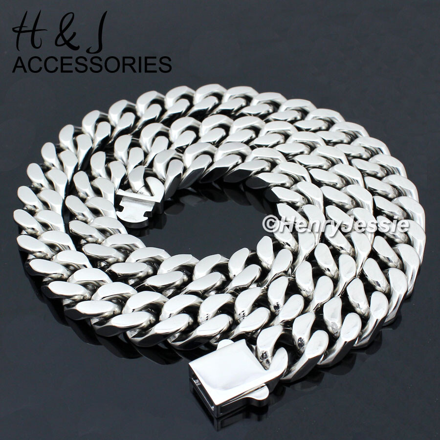 16″-40″MEN 316L Stainless Steel 12mm Silver Miami Cuban Curb Chain Necklace