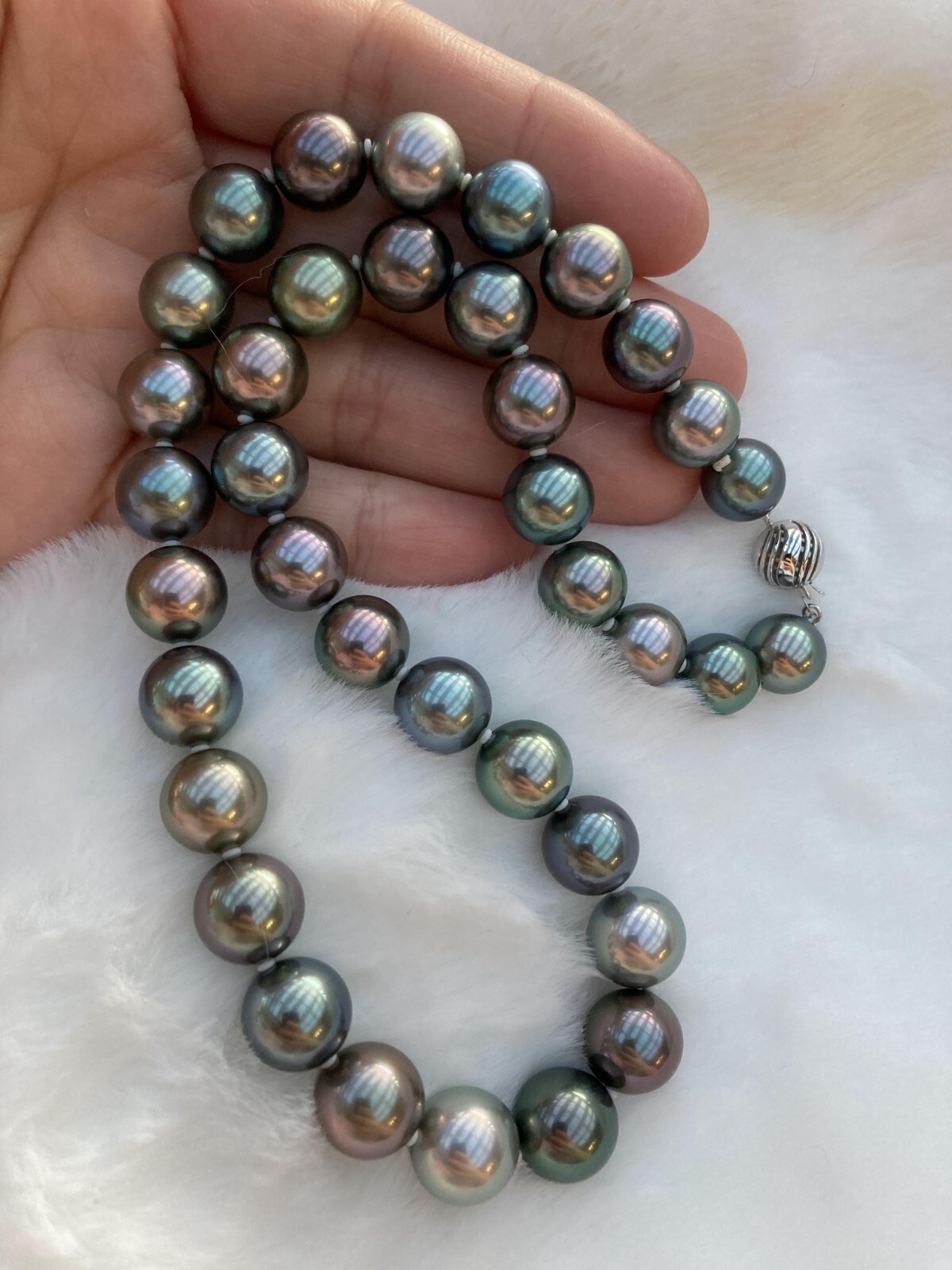 Rare Multi-gray Peacock black Tahitian Pearl 10-11.6mm Top Quality Necklace 43cm