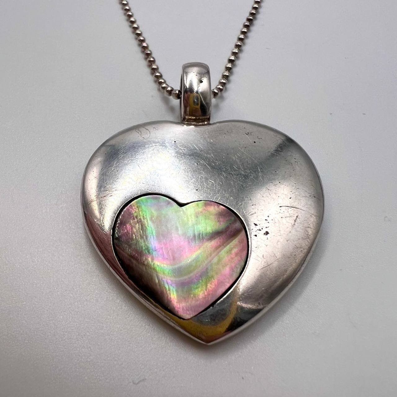 Large Vintage Sterling Silver 925 Abalone Women’s Pendant Heart Signed 22.5g