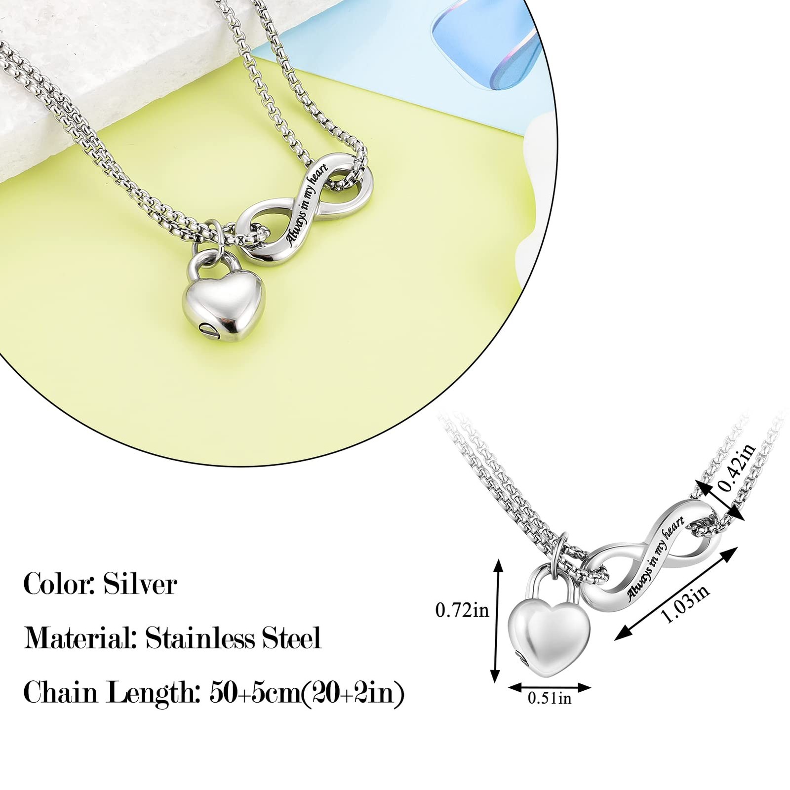 Infinity Urn Necklace for Human Ashes Always in My Heart Cremation Necklace S…
