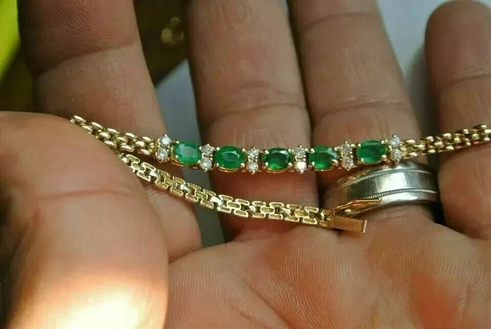 4.00 Ct Oval Cut Natural Emerald Tennis Bracelet 14K Solid Yellow Gold