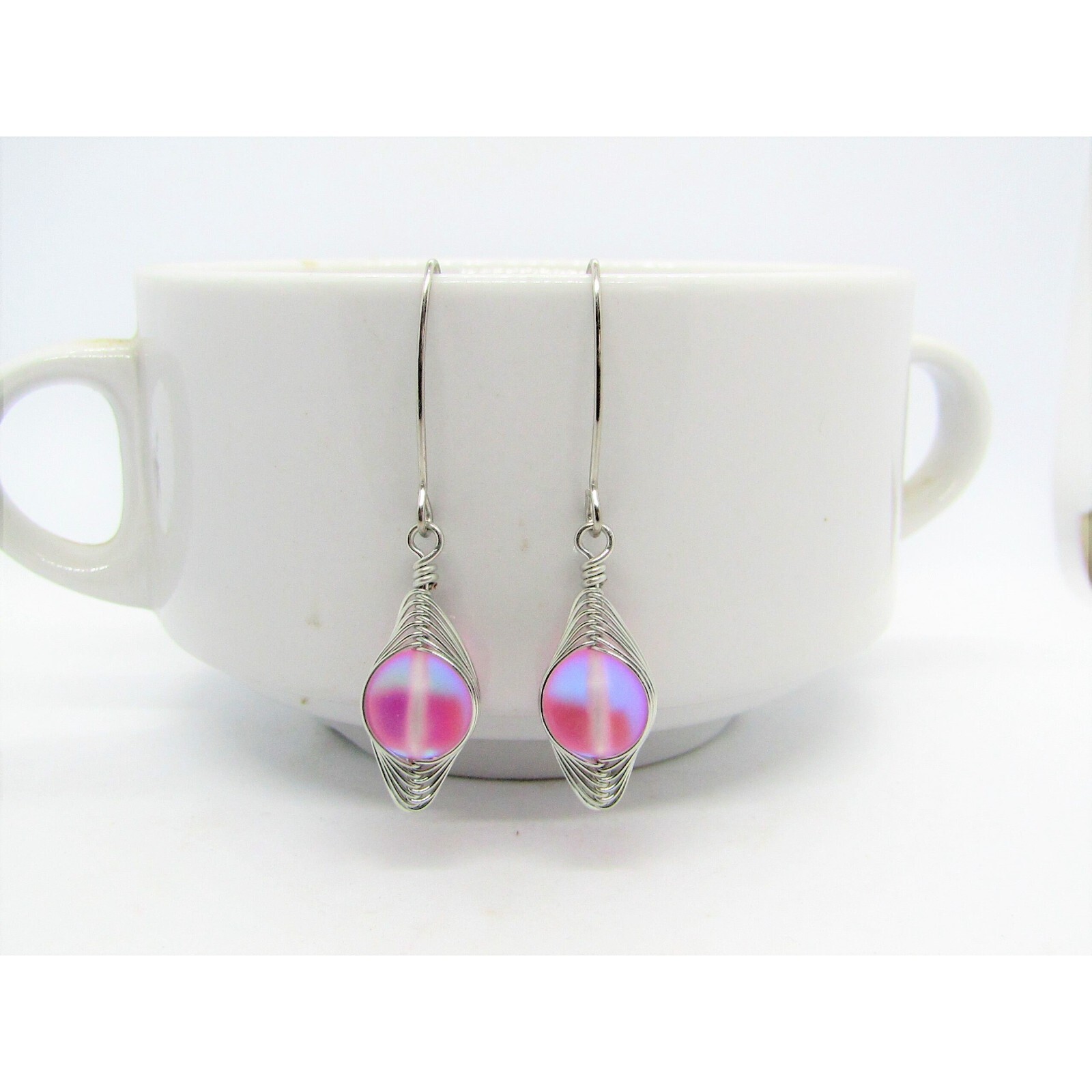 Pink “Mermaid Glass” Sea Glass Artisan Silver Earrings, Handmade Ladies Fashion