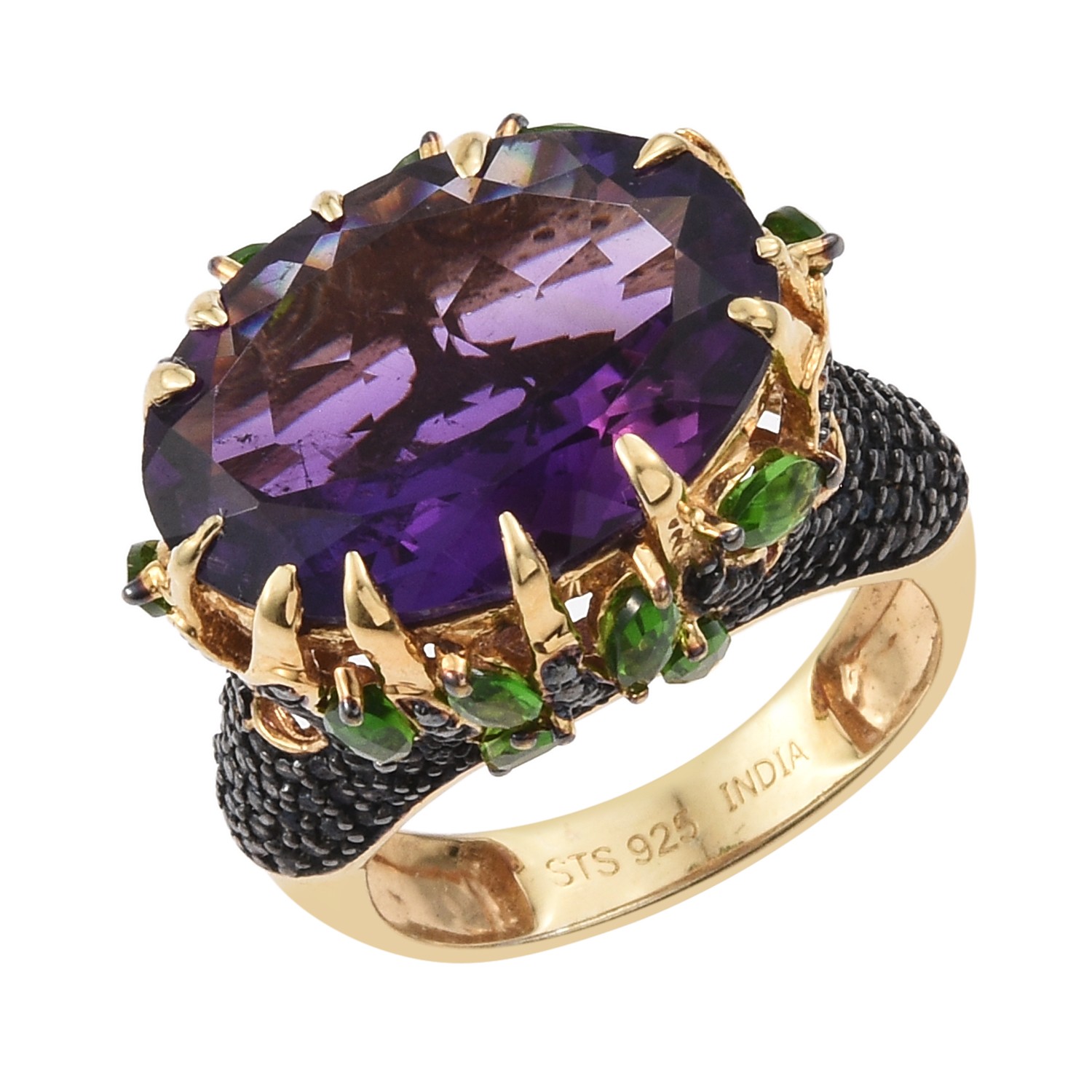Yellow Gold Rhodium Plated 925 Sterling Silver Ring With Natural African Amethys