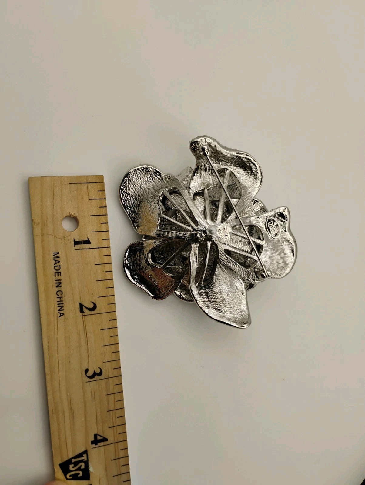 Vintage Joan Rivers Black Enamel Flower Floral Brooch Pin Rhinestone Pavé