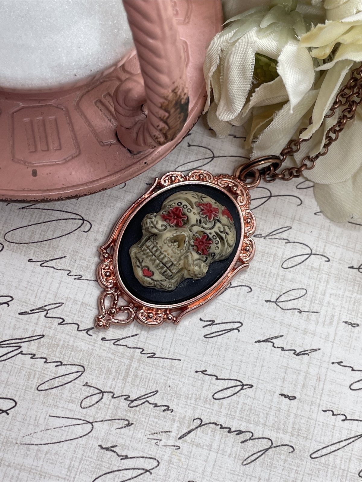 Sugar Skull Gothic Heart Wedding Rose Gold Party Birthday gift necklace Cameo