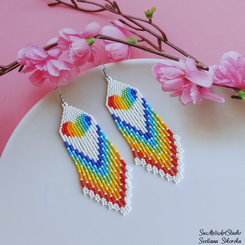 Tribal Earrings Native Large Boho American Seed Beads Handmade Earring