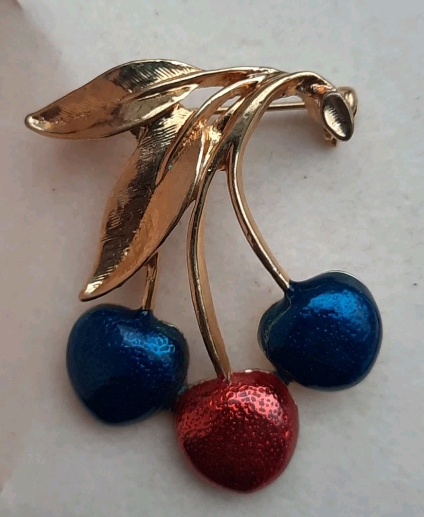 Vintage Brooch Fruit Cherries Pin Red Blue Enamel Gold Tone 1980s American Diner