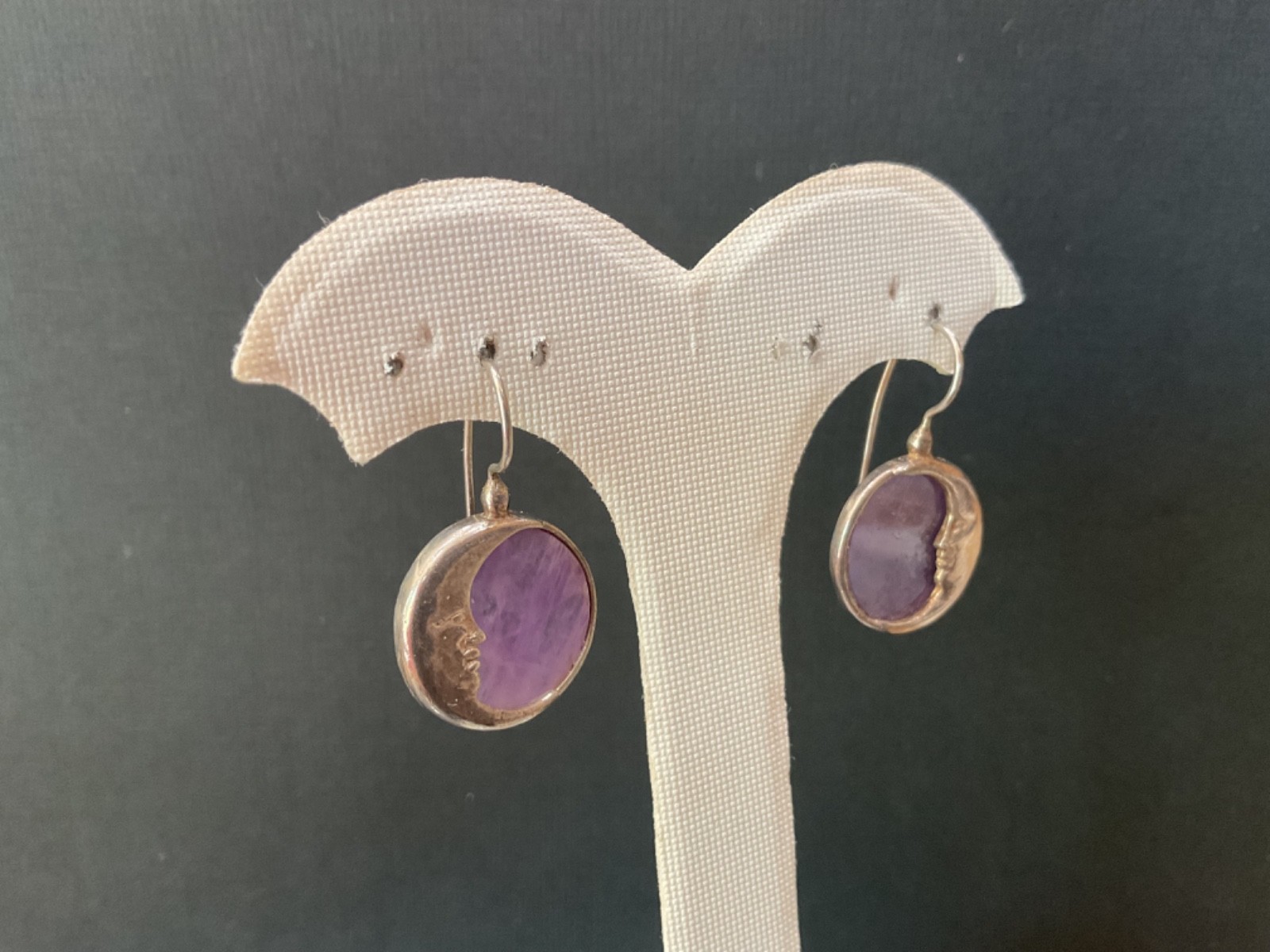 Vintage Amethyst 925 Sterling Silver Round Moon Pierced Earrings