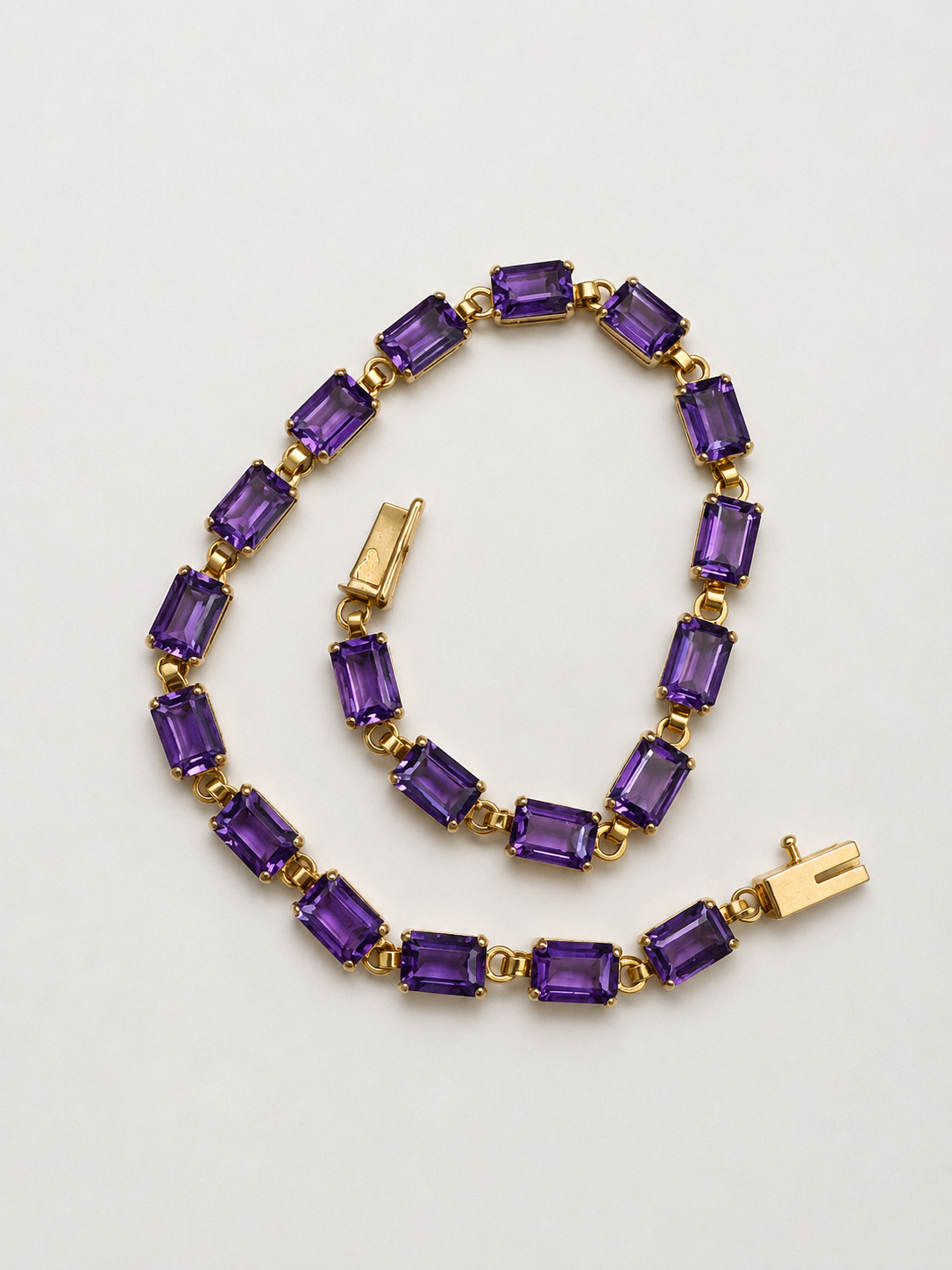10K YELLOW GOLD AMETHYST TENNIS BRACELET 7.5 INCH LONG