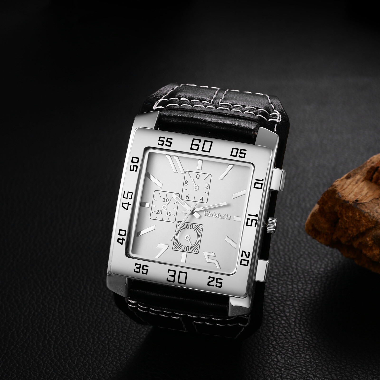 Mens Punk Wide Leather Cuff Band Big Square Dial Analog Quartz Biker Wrist Watch