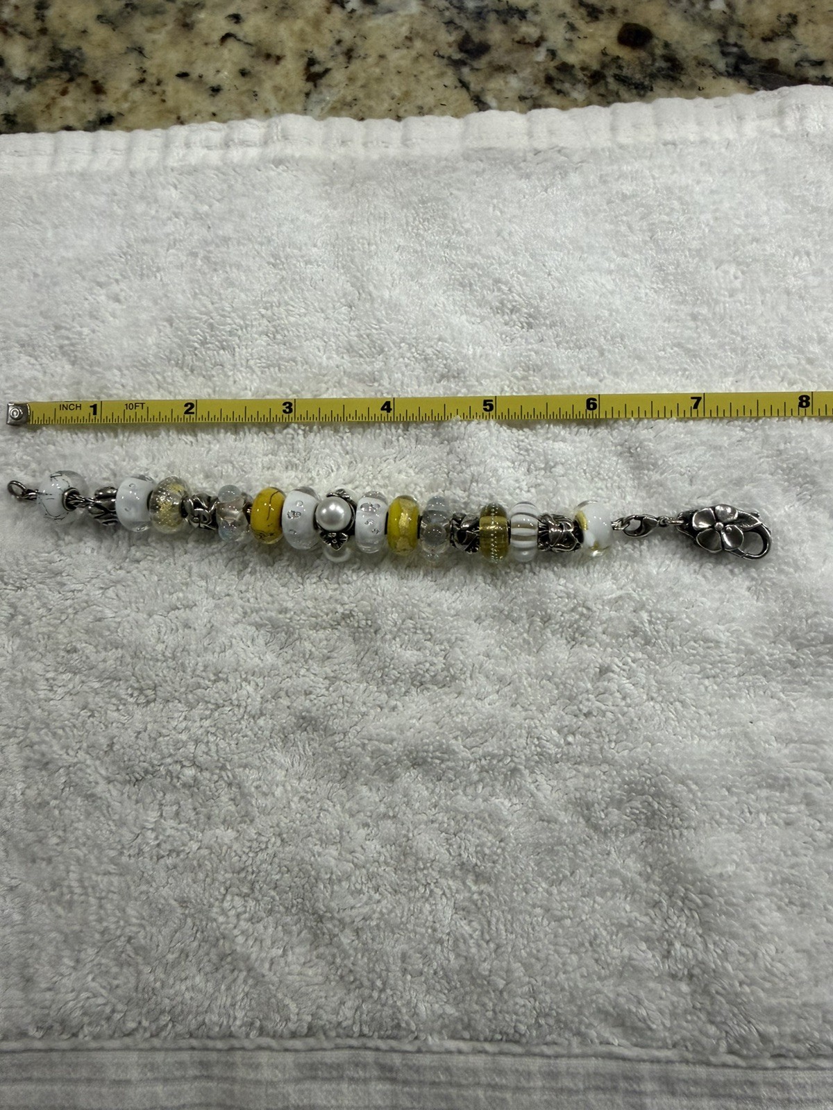 Trollbeads SS 7.5 inch Charm Bracelet with 17 Retired Charms in Whites & Yellows