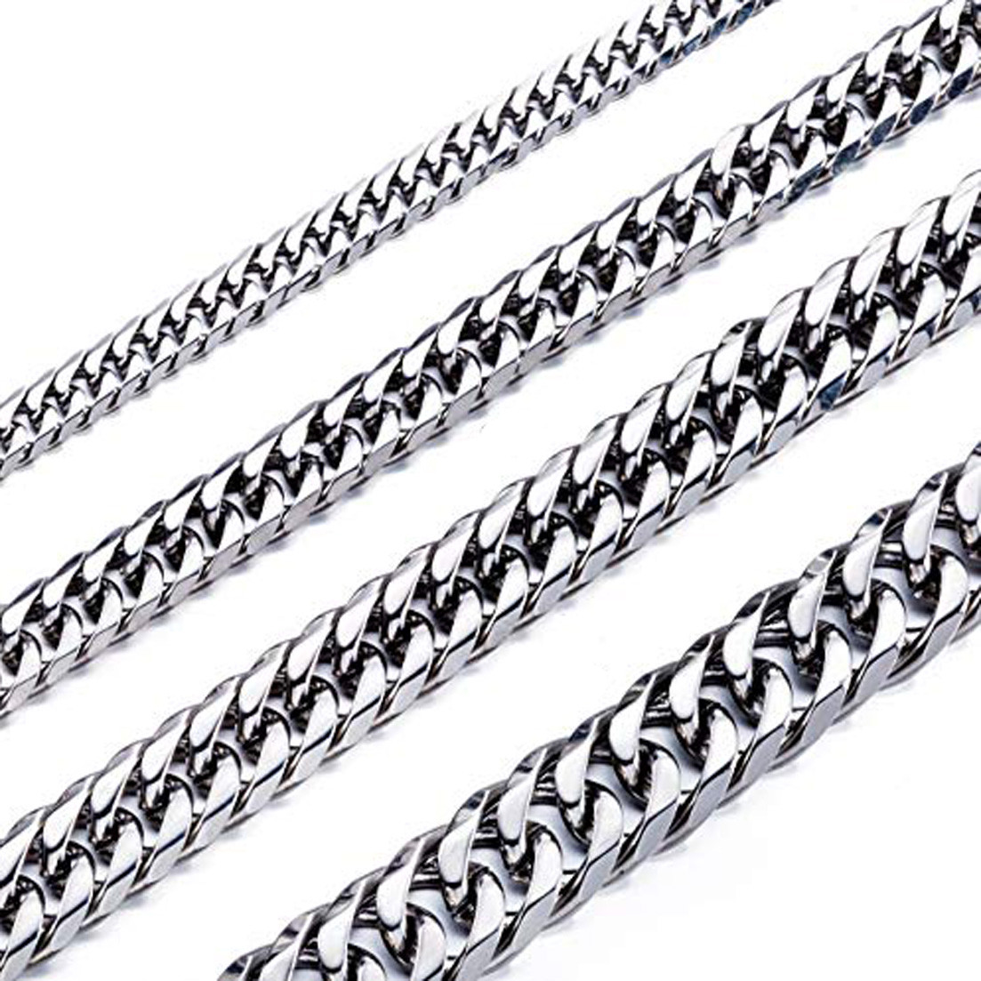 High Polished 7-13MM Silver Stainless Steel Double Curb Chain Necklace for Mens