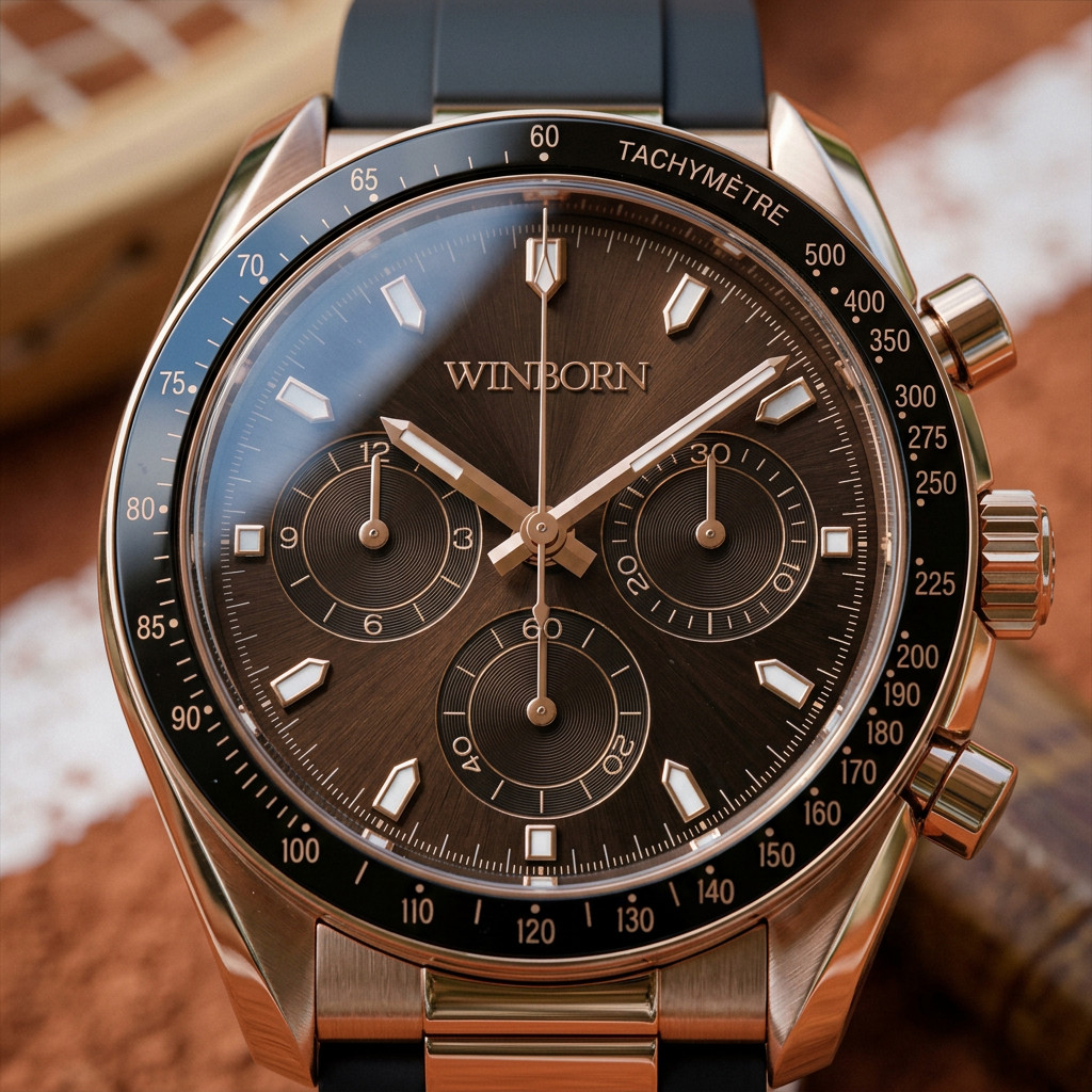 WINBORN Men’s Brown Dial Rose Gold Tone Watch Black Rubber Strap