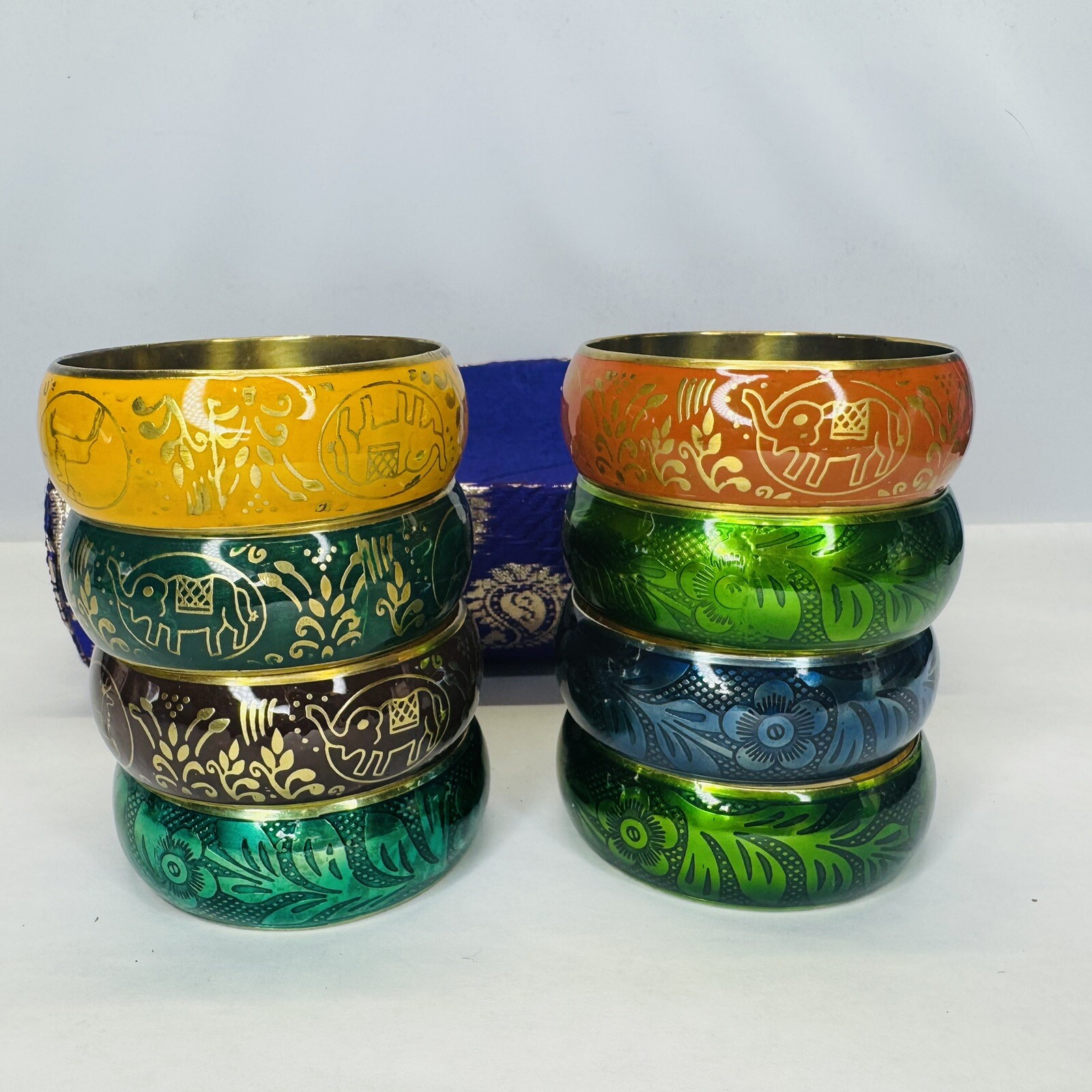 Floral Motif Bangle Bracelets Set of 8 with Case Orange Yellow Blue Green Brown