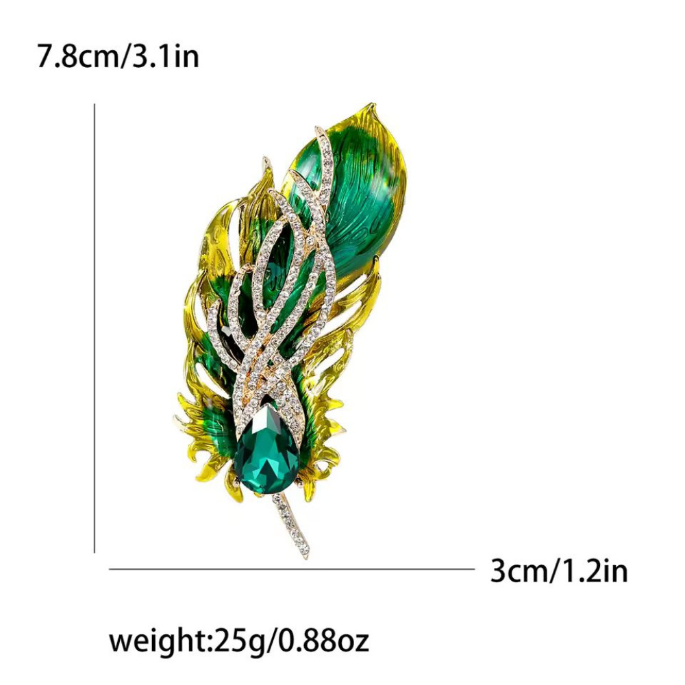Green Feather Brooch Pin Rhinestone Crystal Gold Tone Statement Jewelry Gift