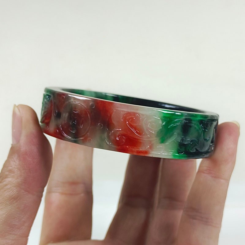 61mm Real Natural Ice Multicolor Burmese Jade jadeite Carving Bracelet Bangle