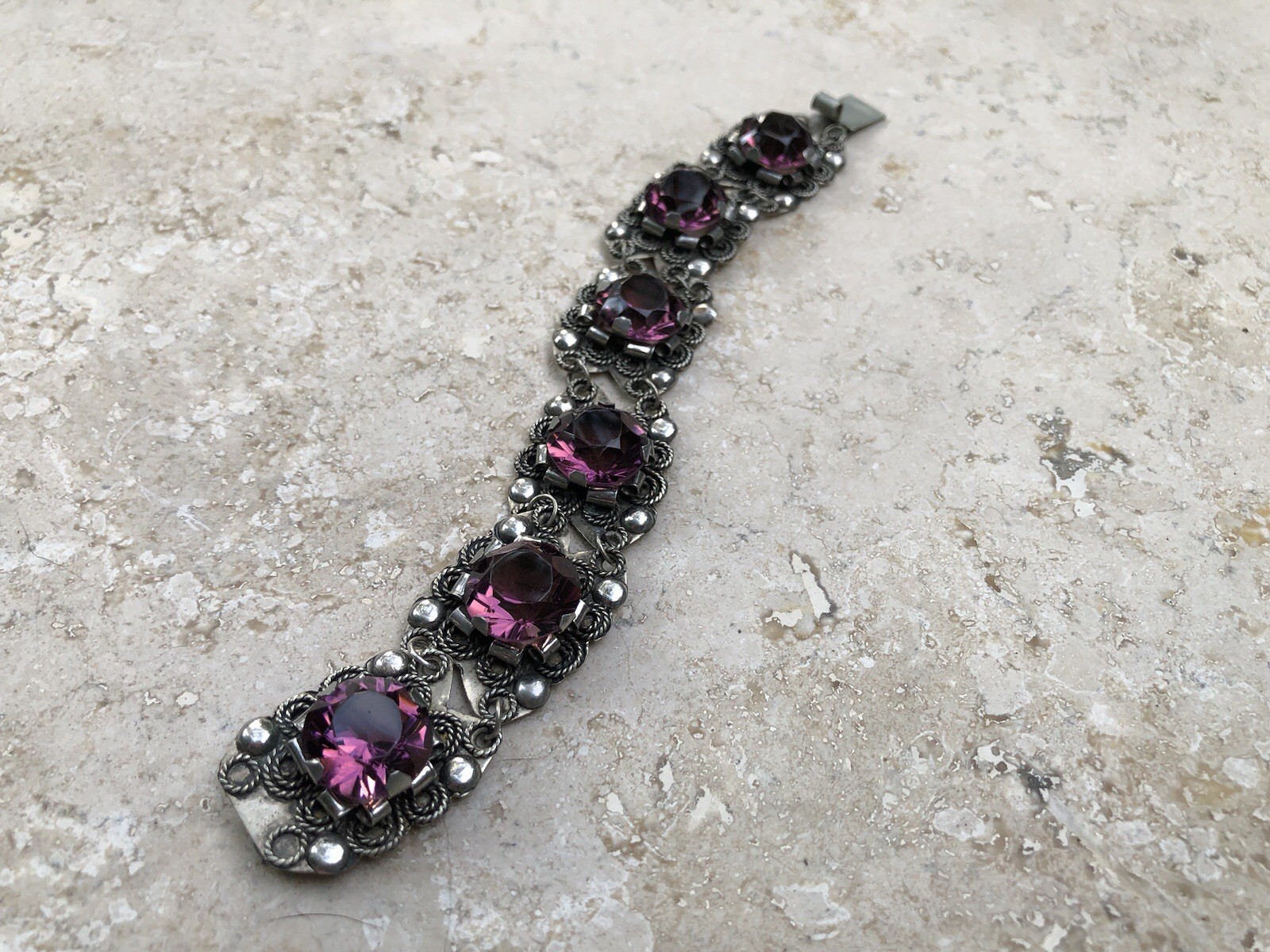 🌟🍇Vintage MEXICO STERLING SILVER Purple Color Stones STATEMENT PANEL Bracelet