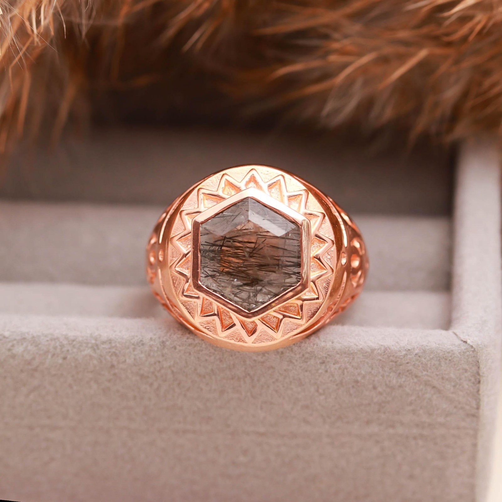 Natural Black Rutile Hexagon Ring Rose Gold Plated 925 Sterling Silver Jewelry