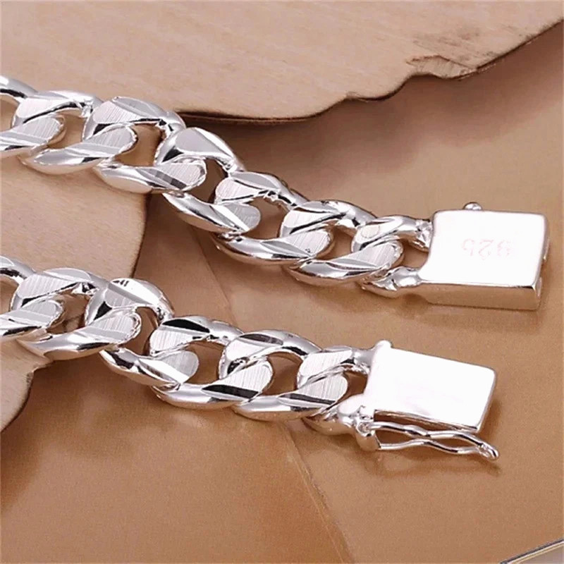 925 Sterling Silver Color Bracelet for Men Jewelry Heavy Thick Cuban Link Chain*