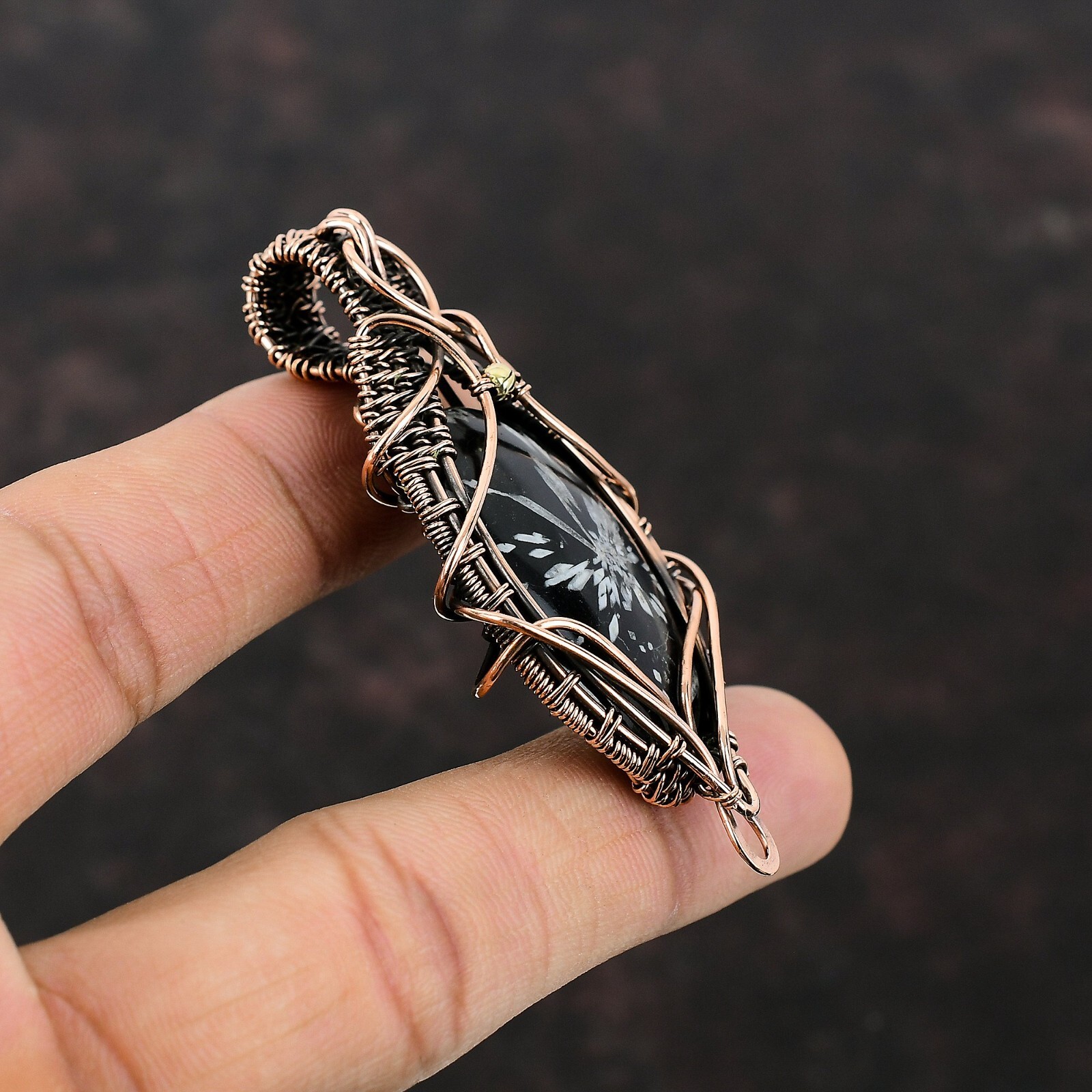 Chrysanthemum Gemstone Jewelry Copper Gift For Mother Wire Wrapped Pendant 2.72″